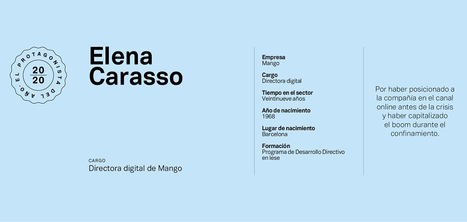 Elena Carasso. Carasso llevó Mango a la Red en 1995. Cinco años después, lanzó la pataforma de ecommerce de la empresa, convirtiéndola en pionera del negocio digital